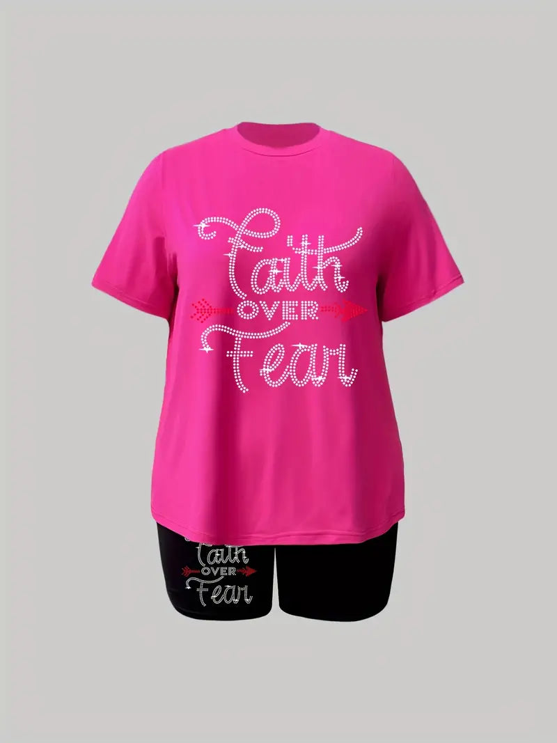“Faith Over Fear” Plus Size Casual Outfits Set, Women's Letter Print Short Sleeve T-shirt & Short 2pc Set