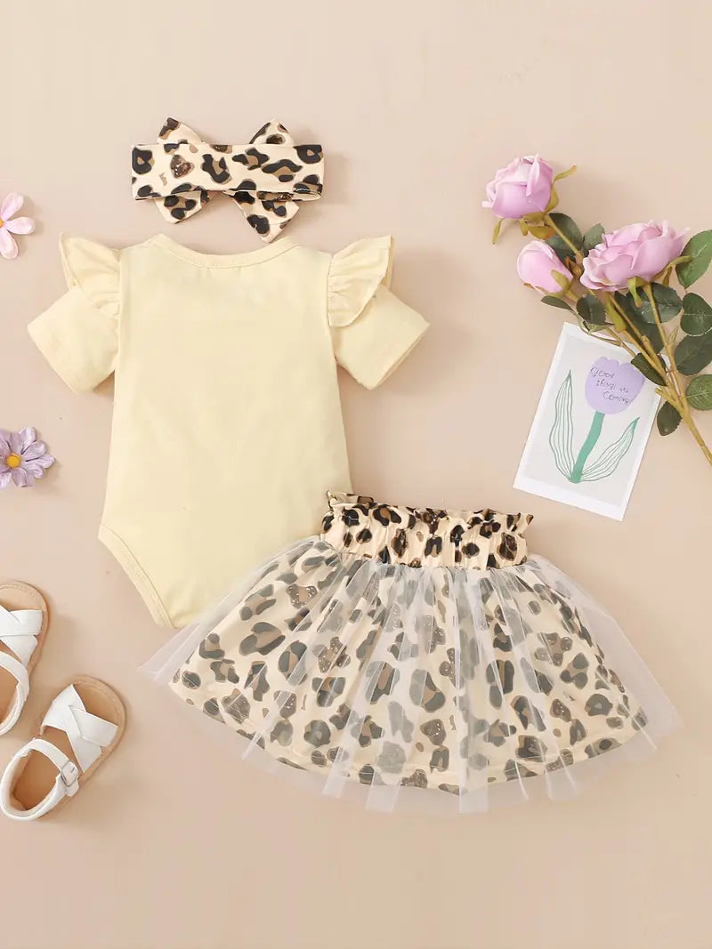 "Babe” Baby Girls Cotton Ruffle Short Sleeve Bodysuit + Matching Mesh Skirts + Headband with Leopard Print Baby Clothes