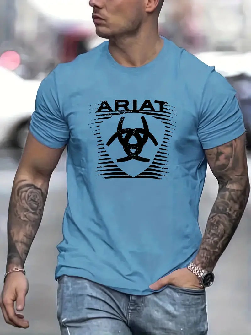 Men's ARIAT Print Trendy T-shirt, Crew Neck Short Sleeve Tops, Graphic Tee Men's Clothes Summer