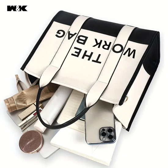 "THE WORK BAG" Two Tone Tote Bag, Letter Print Crossbody PU Leather Handbag - iPad, Chromebook and Tablet Carriers