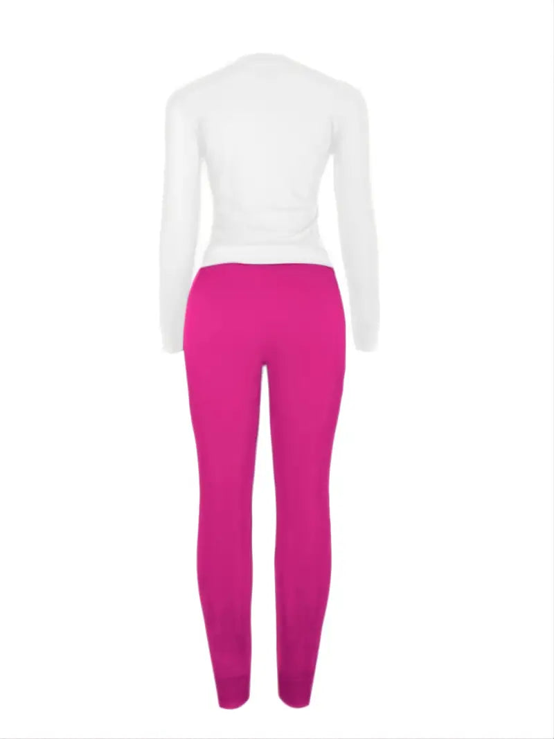 PINK Plus Size Letter Print Long Sleeve Top & Legging Set, Women's Plus Slight Stretch 2pcs Set Outfits