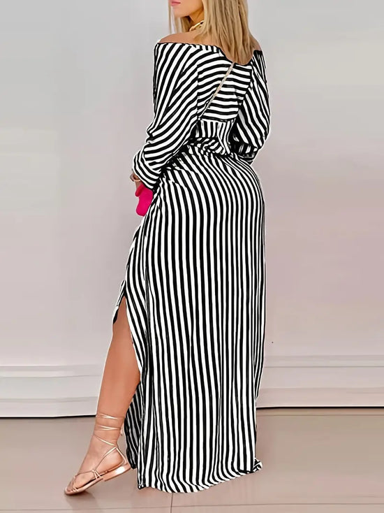 Women's Striped Long Dresses, V-Neck Casual Dress