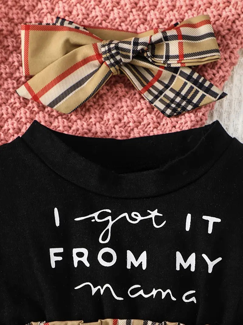 "I Got It from My Mama” Baby Girls Cotton Sleeveless Plaid Dress with Headband Baby Clothes Summer