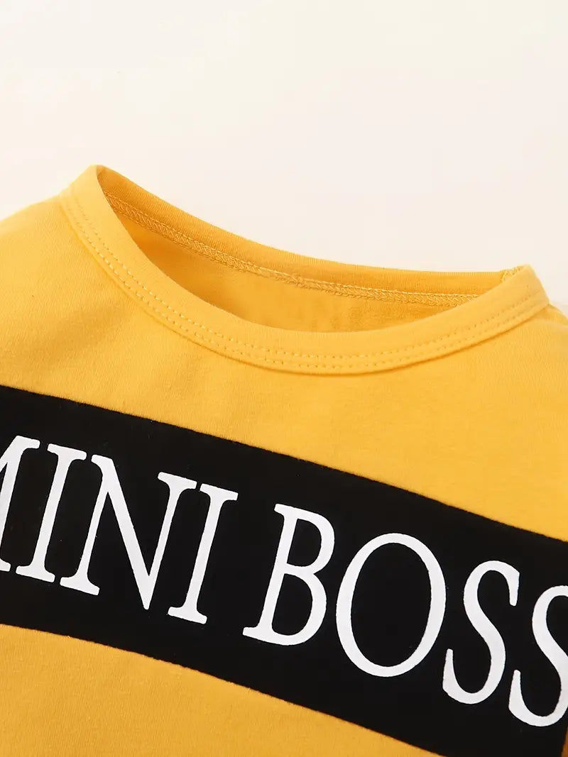 "MINI BOSS" Boys Color Block Letter Print Pullover Top + Pants Set Baby Clothes