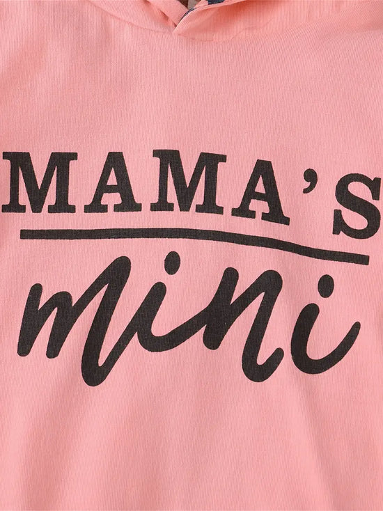 "Mama’s Mini” Baby Girl Leopard Patchwork Letter Print Hooded Sweatpants Set with Bowknot Headband