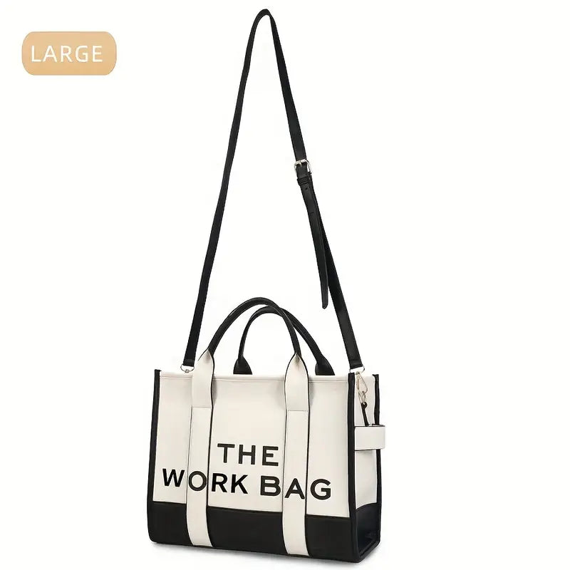 "THE WORK BAG" Two Tone Tote Bag, Letter Print Crossbody PU Leather Handbag - iPad, Chromebook and Tablet Carriers