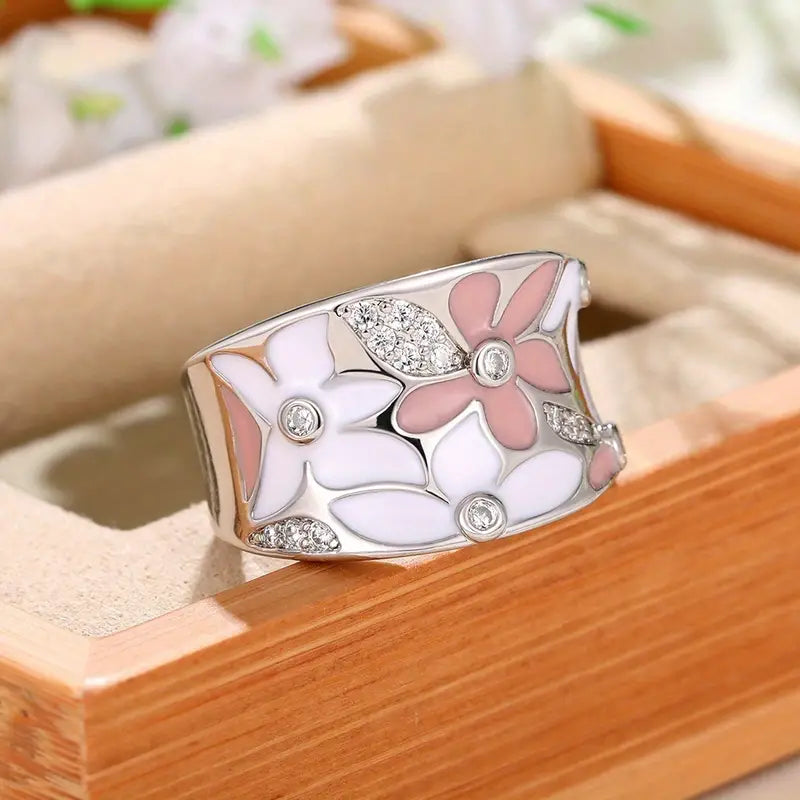 Gorgeous Silver-Plated Zircon Pink Enamel Flower Ring