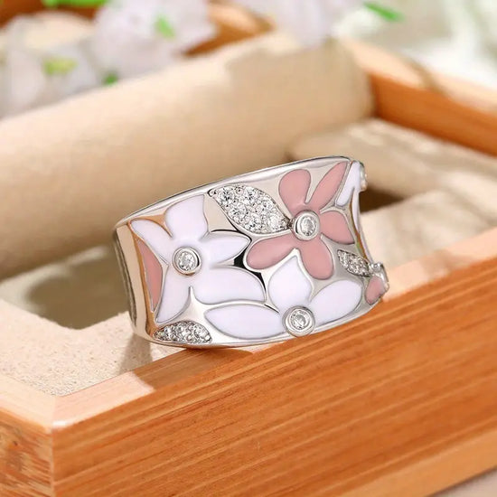 Gorgeous Silver-Plated Zircon Pink Enamel Flower Ring