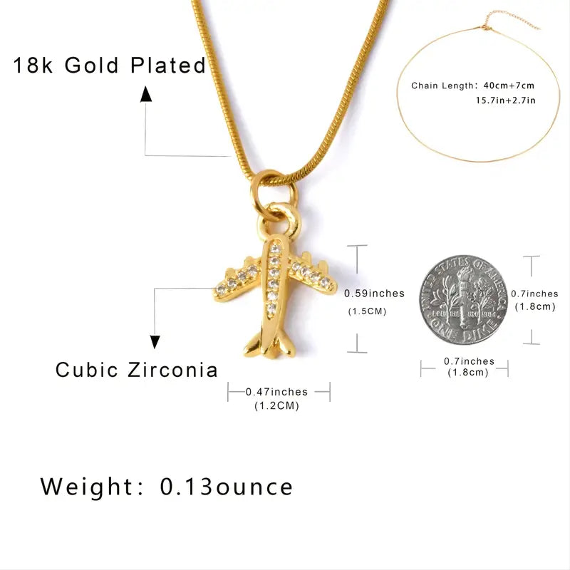 Mini Airplane Shape Necklace Inlaid Shiny Zircon 18K Gold Plated