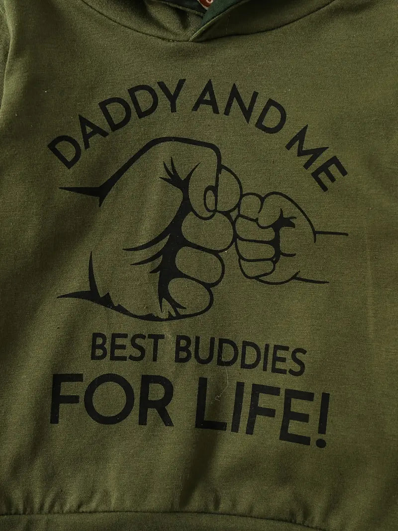 “Daddy and Me Best Buddies for Life” Print Hoodie Sweatshirt & Camouflage Print Pant Set Kids Clothes