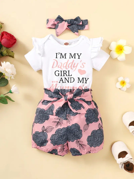"I'm My Daddy's Girl and My Mommy's World" 3pcs Baby Girls Short Sleeve Onesie & Floral Shorts & Headband Set Clothes