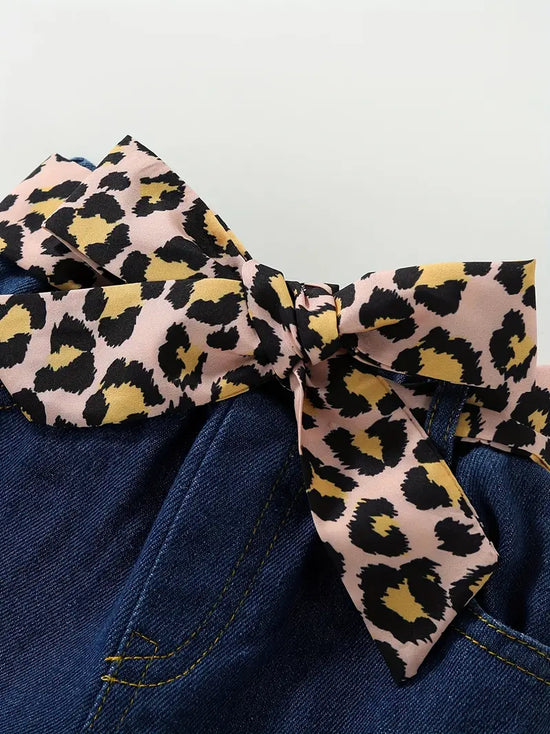 Toddler Girls Off Shoulder Top & Jeans with Leopard Belt & Headband 4pcs/set
