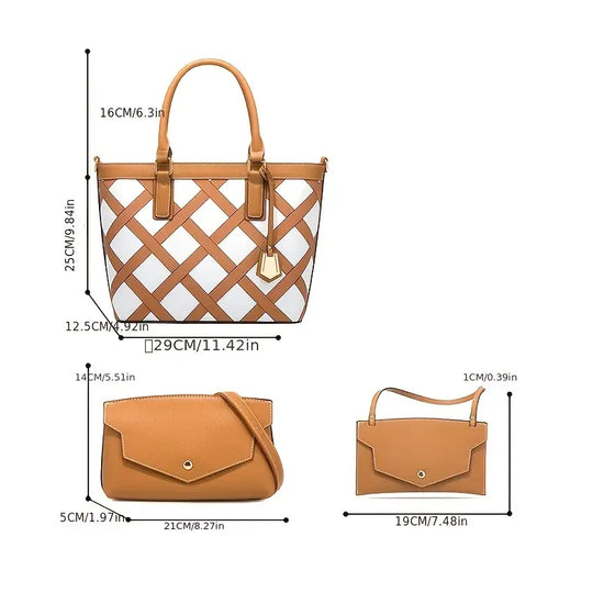 4pcs Rhombus Pattern Tote Bag Set, Women's Shoulder Handbag & Crossbody Purse & Clutch Bag & Card Bag