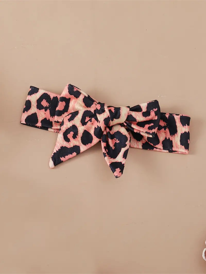 "Mama’s Mini” Baby Girl Leopard Patchwork Letter Print Hooded Sweatpants Set with Bowknot Headband