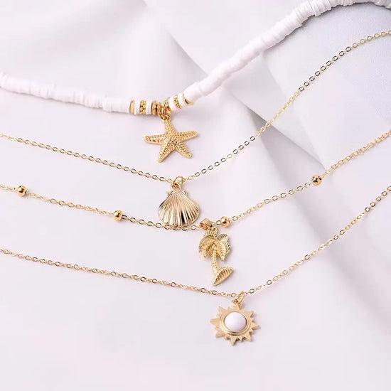 1pc Beach Starfish, Seashell, Palm Tree, and the Sun Pendant Layered Necklace Women's Fine Spiritual Jewelry