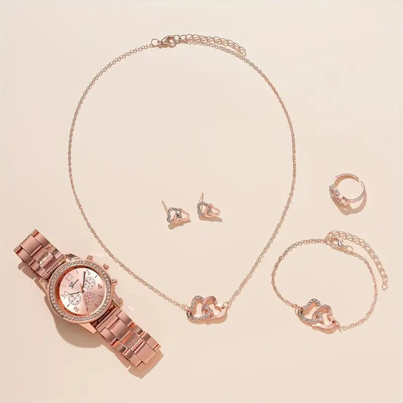 6-Piece Set: Women's Quartz Watch & 5 Heart-Shaped Rhinestone Jewelry Pieces
