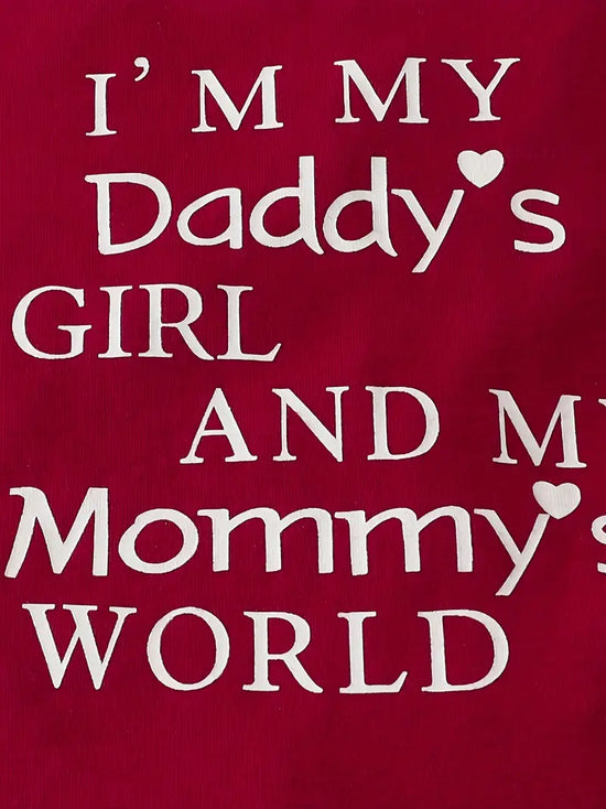 "I'm My Daddy's Girl and My Mommy's World" 3pcs Baby Girls Short Sleeve Onesie & Floral Shorts & Headband Set Clothes