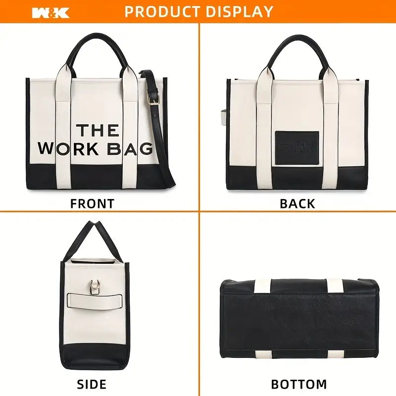 "THE WORK BAG" Two Tone Tote Bag, Letter Print Crossbody PU Leather Handbag - iPad, Chromebook and Tablet Carriers