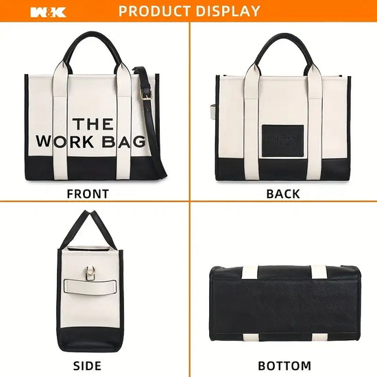 "THE WORK BAG" Two Tone Tote Bag, Letter Print Crossbody PU Leather Handbag - iPad, Chromebook and Tablet Carriers