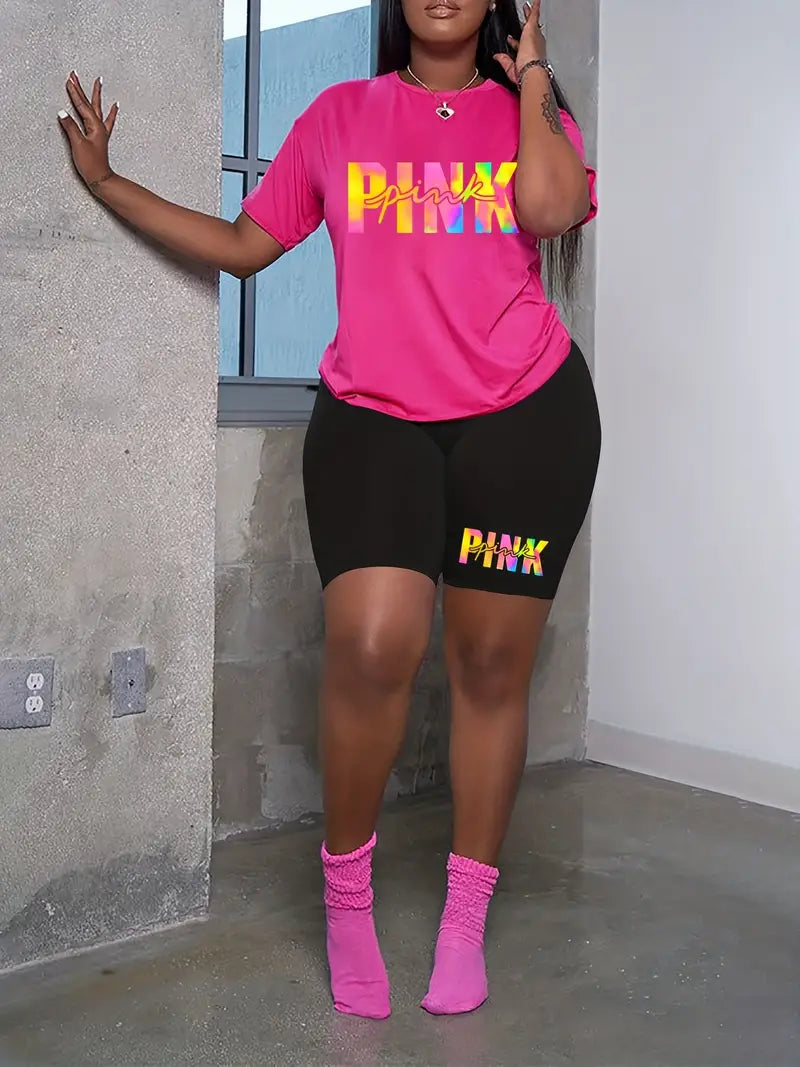 PINK - Women's Plus Tie Dye Gradient Letter Print Short Sleeve T-shirt & Shorts 2pc Set