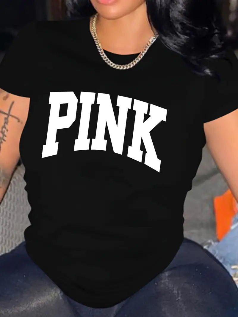 PINK – Letter Print T-Shirt, Short Sleeve Crew Neck Casual Top