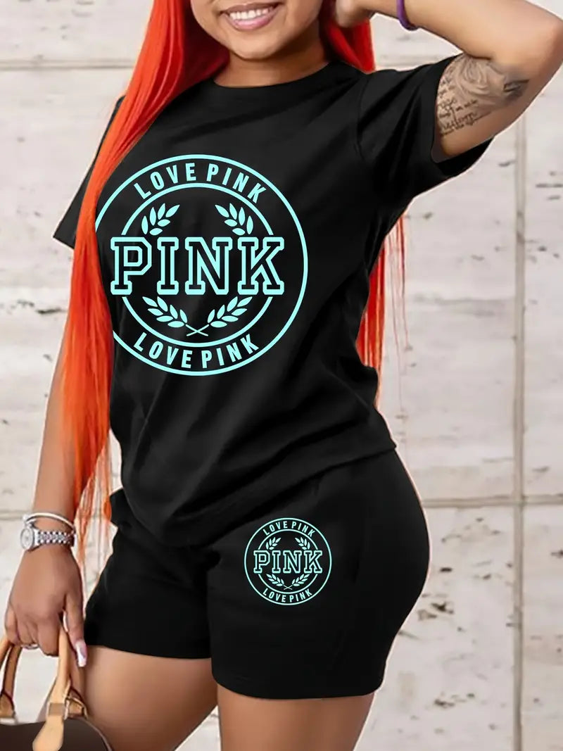 PINK - Women's Plus Size, Letter Print High Stretch Sporty Short Sleeve T-shirt & Shorts 2pcs Set