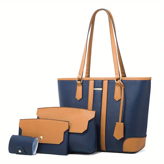 Faux Leather Tote Bag Set, Women's Fashion Tote Bag & Shoulder Bag & Clutch Bag & Card Holder (BLUE BROWN)