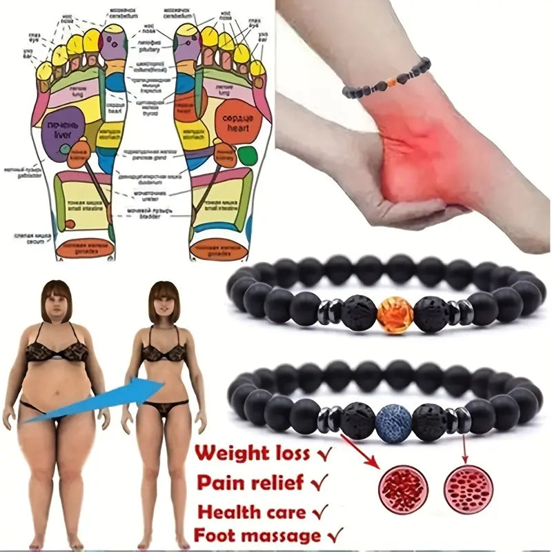 Black Frosted Stone Stretch Beaded Bracelet, Silver Plated Energy Healing Yoga Meditation Jewelry, Weight Loss and Improves Blood Circulation and Varicose Veins