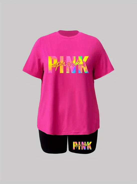 PINK - Women's Plus Tie Dye Gradient Letter Print Short Sleeve T-shirt & Shorts 2pc Set