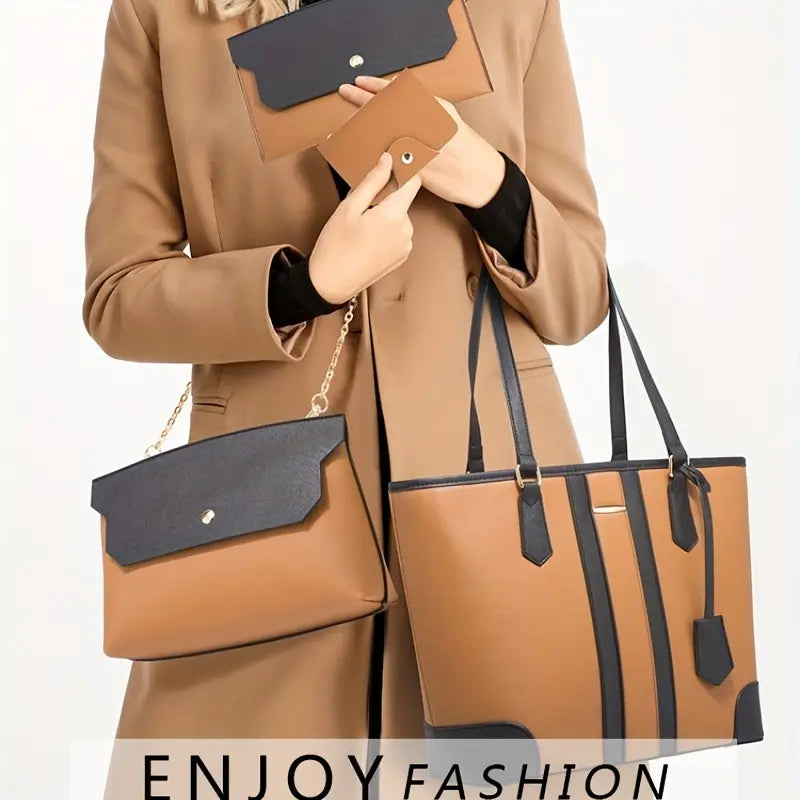 Faux Leather Tote Bag Set, Women's Fashion Tote Bag & Shoulder Bag & Clutch Bag & Card Holder (BROWN BLACK)