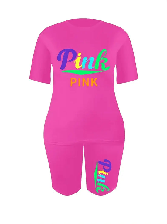 PINK - Stylish Letter Print Two-piece Set, Crew Neck Short Sleeve T-shirt & Bodycon Shorts Set