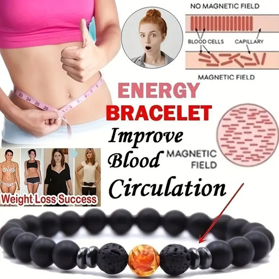 Black Frosted Stone Stretch Beaded Bracelet, Silver Plated Energy Healing Yoga Meditation Jewelry, Weight Loss and Improves Blood Circulation and Varicose Veins