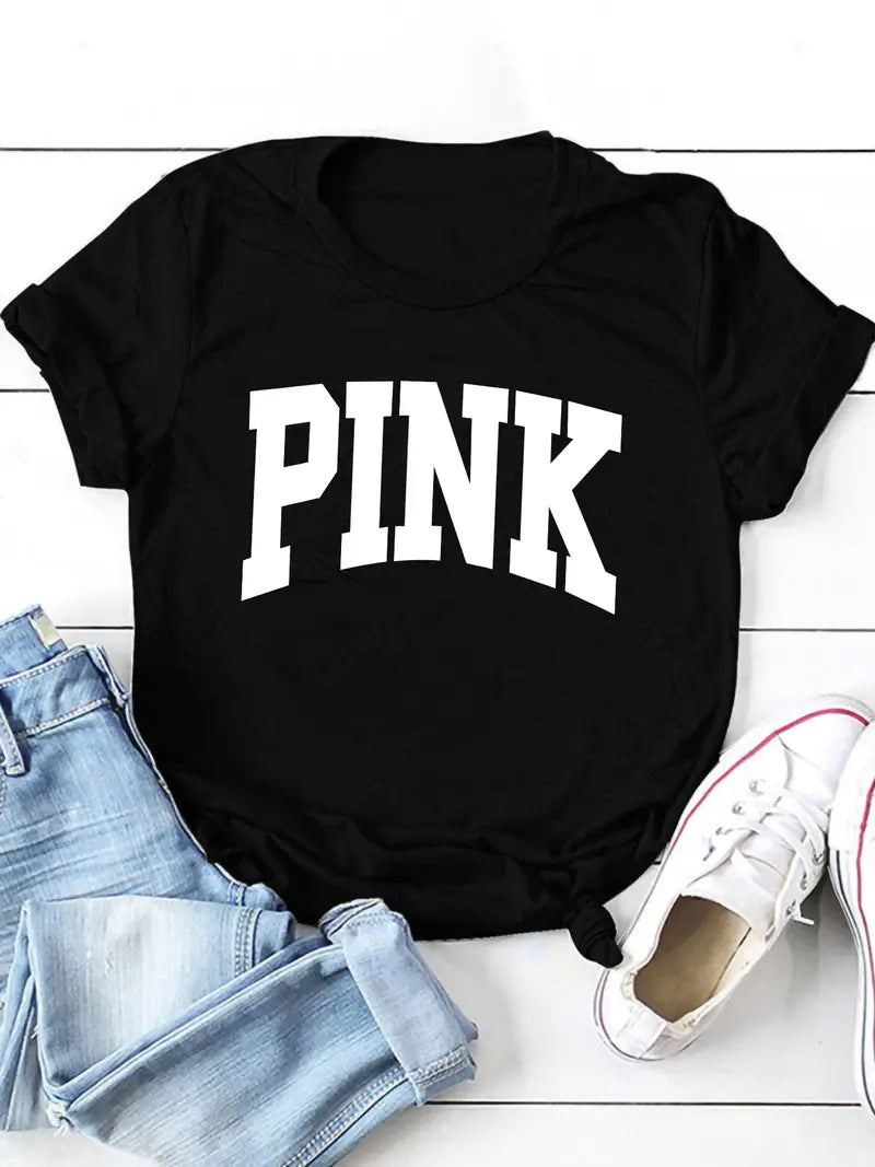 PINK – Letter Print T-Shirt, Short Sleeve Crew Neck Casual Top