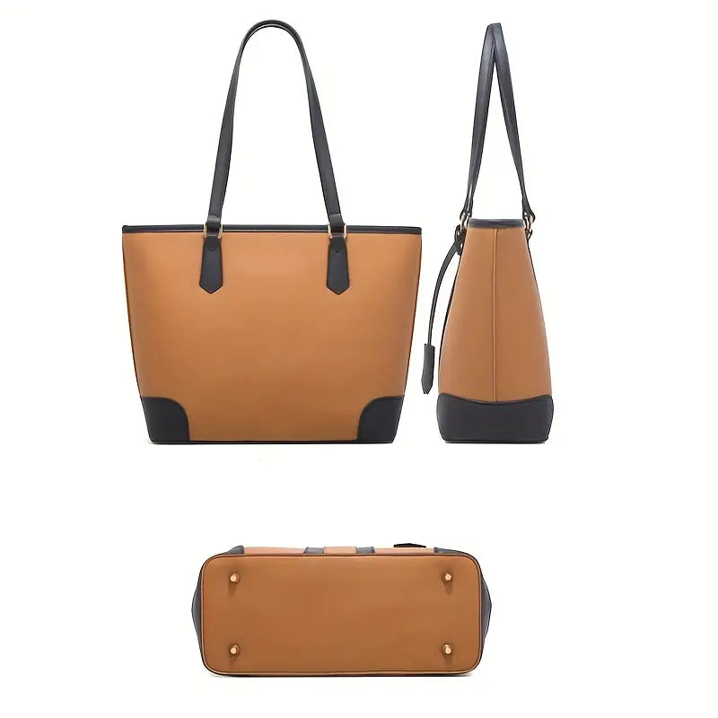 Faux Leather Tote Bag Set, Women's Fashion Tote Bag & Shoulder Bag & Clutch Bag & Card Holder (BROWN BLACK)