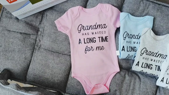 Load and play video in Gallery viewer, &amp;quot;Grandma Has Waited A Long Time for Me&amp;quot; Infant Romper Letter Print Short Sleeve Round Neck Bodysuit for Baby Girls/Boys Toddler Clothes
