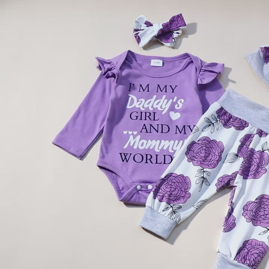 Load and play video in Gallery viewer, I&amp;#39;M MY DADDY&amp;#39;S GIRL AND MY MOMMY&amp;#39;S WORLD Baby Girl Clothes Baby Romper +Pants + Headband + Hat Outfit Set
