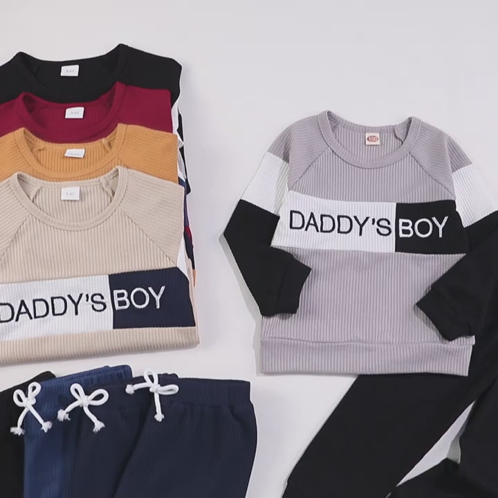 Load and play video in Gallery viewer, &amp;quot;DADDY’S BOY&amp;quot; 2pcs Color block Long-Sleeve Sweatshirt + Matching Drawstring Pants Set Kids Clothes (Light Thermal)
