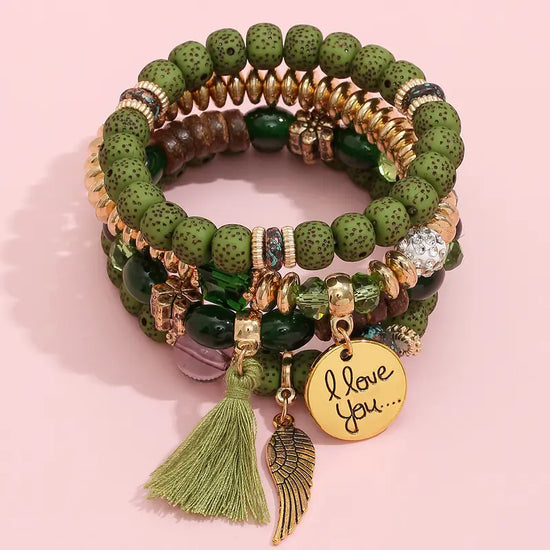 Tassel & Wing Charm Beaded Bracelet Set, 4pcs (Green)
