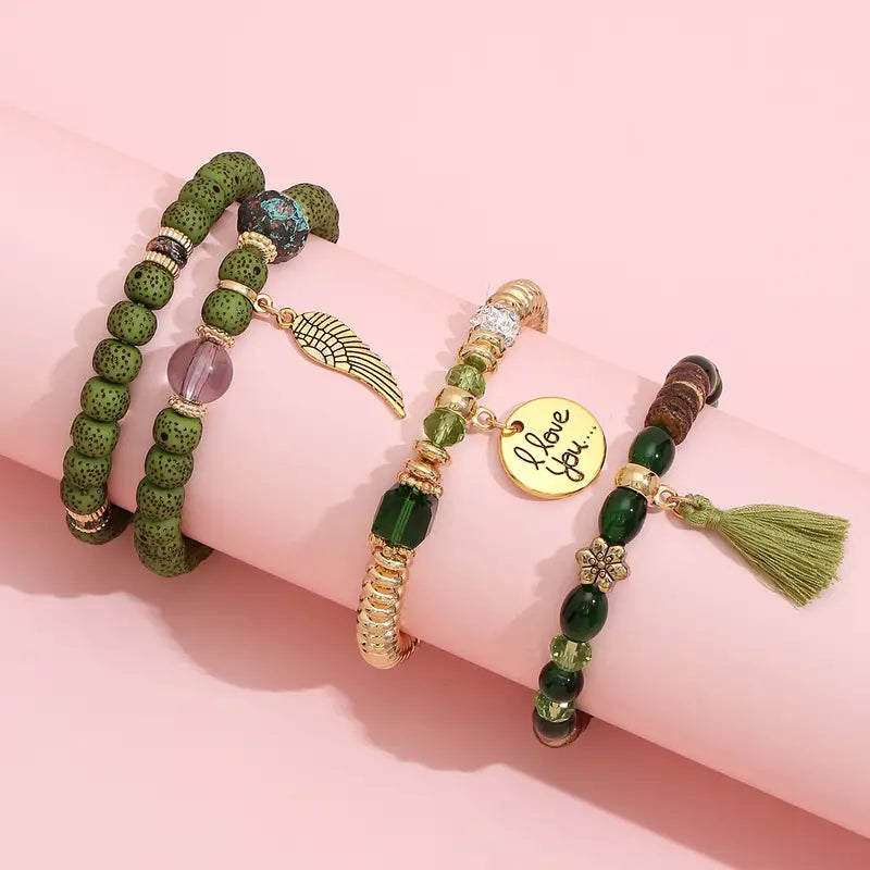 Tassel & Wing Charm Beaded Bracelet Set, 4pcs (Green)