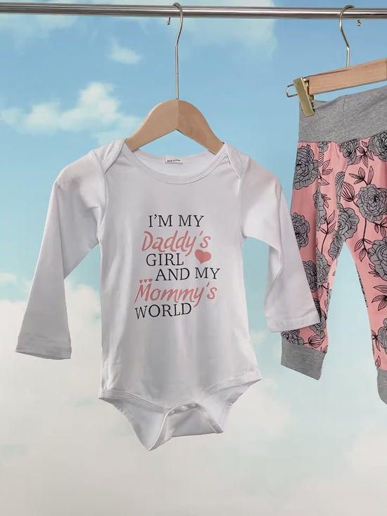 Load and play video in Gallery viewer, I&amp;#39;M MY DADDY&amp;#39;S GIRL AND MY MOMMY&amp;#39;S WORLD Baby Girl Clothes Baby Romper +Pants + Headband + Hat Outfit Set
