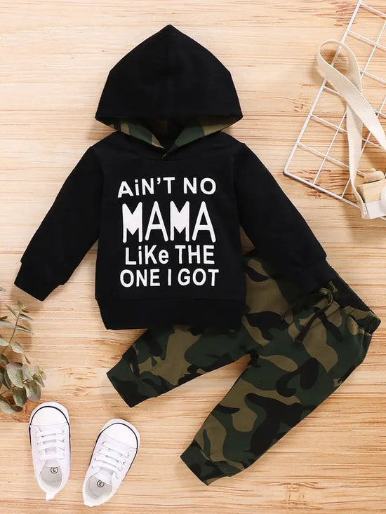 " Ain't  No Mama Like the One I Got" Print Hooded Top & Camouflage Print Pants for Baby Boy
