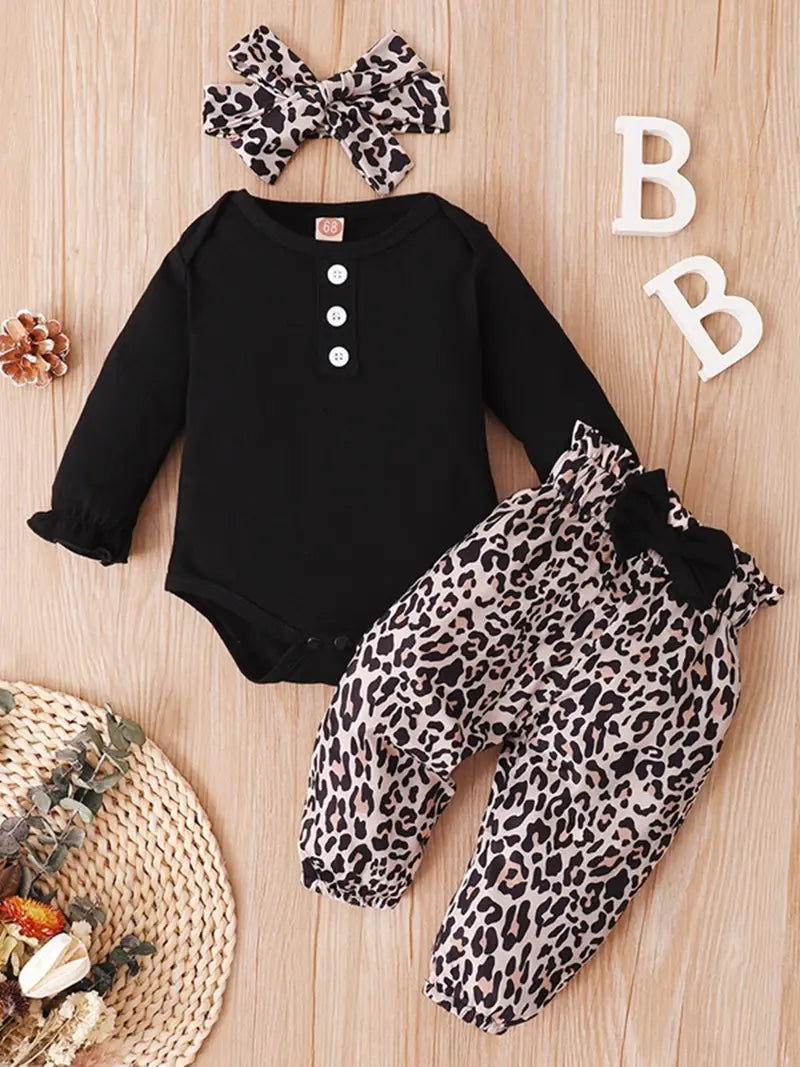 Baby Girl Long Sleeve Romper & Leopard Printed Pant & Headband 3pcs