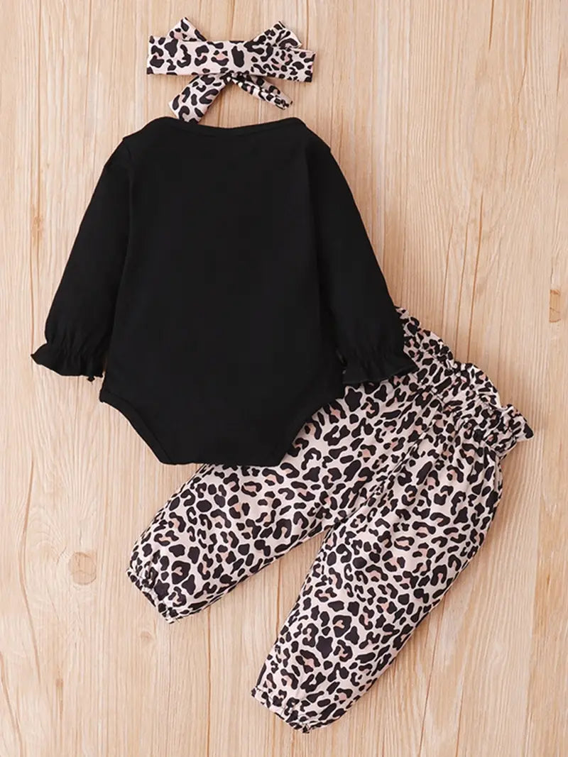 Baby Girl Long Sleeve Romper & Leopard Printed Pant & Headband 3pcs