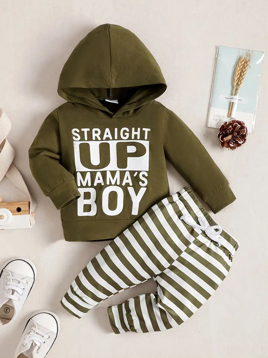 "Straight Up Mama's Boy" 2pc Long Sleeve Hooded Sweatshirt + Striped Trousers Set for Baby Boy