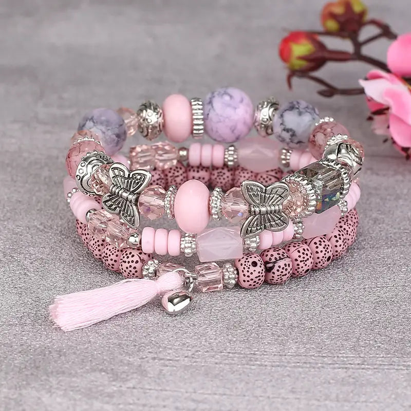 Tassel Butterfly Pendant Multilayer Bracelet Simple Multi-Circle Bead Bracelet Bohemian Bracelet (3pcs)