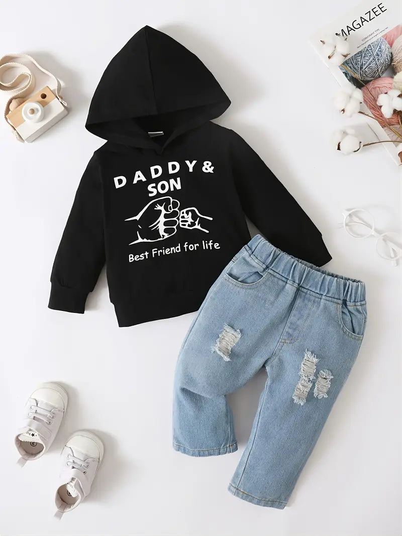 "Daddy & Son Best Friend for Life" Letter Print Hoodie & Ripped Jeans Set Kids Clothes, Kids Pants Set