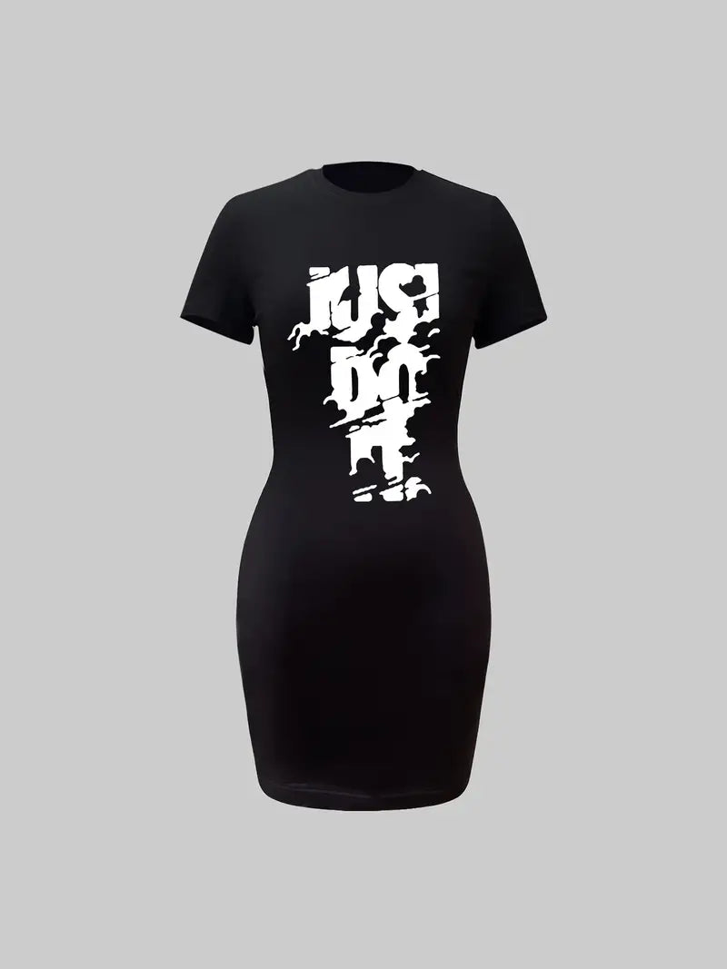 JUST DO IT Letter Print Bodycon Tee Dress, Short Sleeve Crew Neck Casual Dress for Spring & Summer