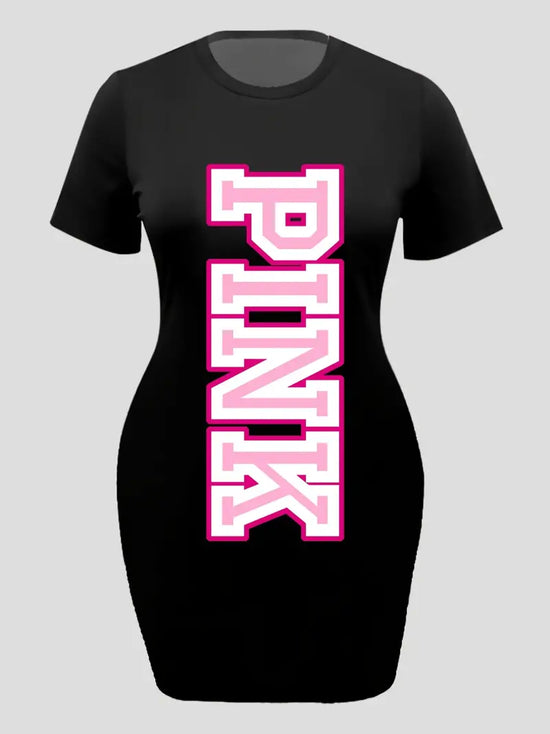 PINK Plus Size Letter Print Short Sleeve Tee Dress, Women's Plus High Stretch Casual Mini Dress