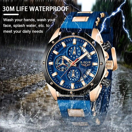 LIGE Men’s Watches Brand Luxury Silicone Strap Waterproof Sport Quartz Watch Men Chronograph Military Clock
