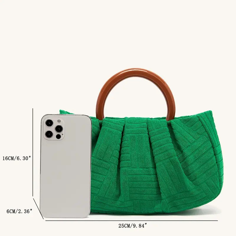 Top Handle Ruched Bag, Green Jacquard Fabric Handbag, Women's Elegant Clutch Purse (9.84*6.3*2.36) Inch